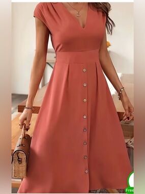 Temu V-Neck Button Waist Dress Medium - C19-033